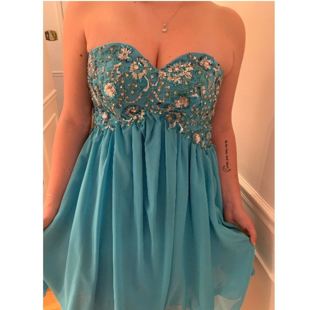 Hand-Stitched Turquoise Sequined Strapless Dress